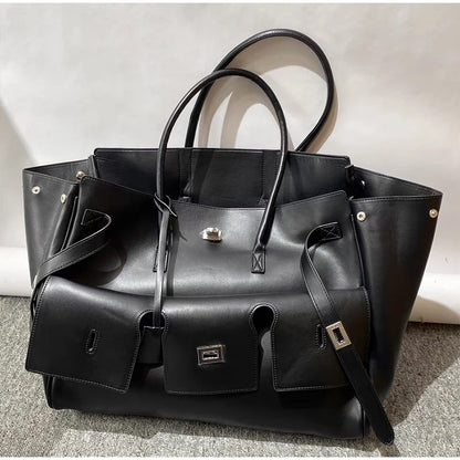Luxury Leather Wing Tote Bag for Women – Large Lock Clutch Shoulder Bag