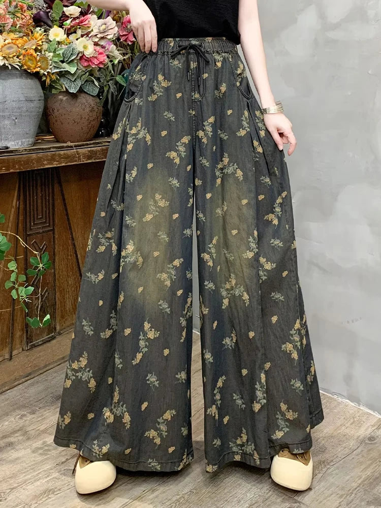 Vintage Luxury Wide-Leg Floral Leisure Jeans for Women