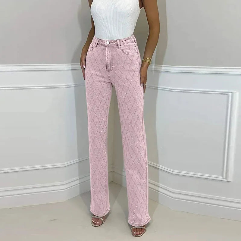 Trendy Shiny Denim Jeans Pant With Rhinestones For Women Diamond-Patterned Trousers