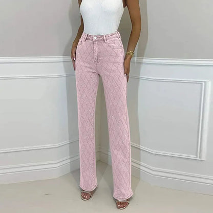 Trendy Shiny Denim Jeans Pant With Rhinestones For Women Diamond-Patterned Trousers