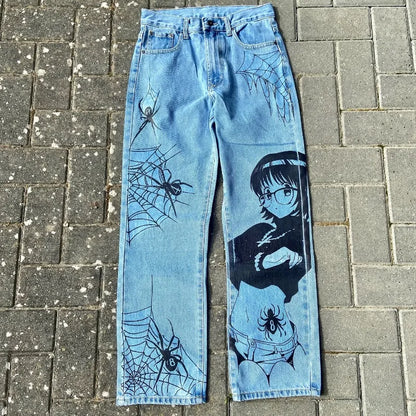 Y2K Anime Baggy Denim Pants Trend Hand Drawn Printed Pattern Unisex Jeans