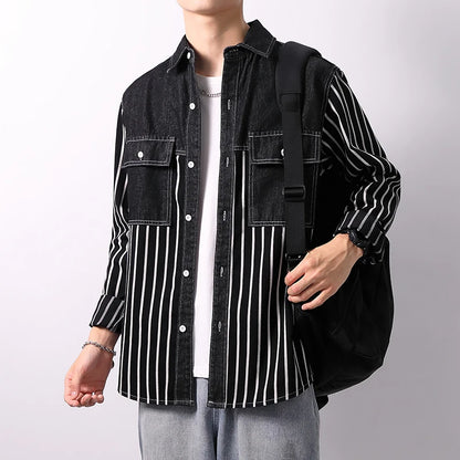 Denim Striped Shirts Men's Spring Autumn 100% Cotton