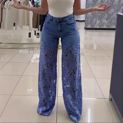 Plus Size Lace Spliced Elegant Denim Jeans New 2025