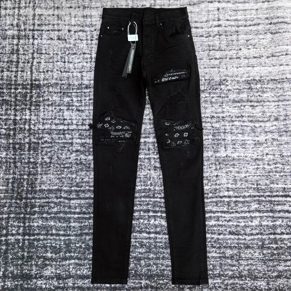 Men's Paisley florals prints leather ribbed patch distressed black jeans