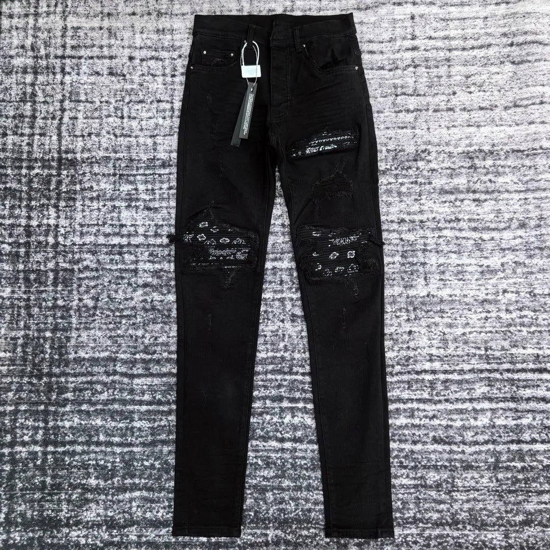 Men's Paisley florals prints leather ribbed patch distressed black jeans