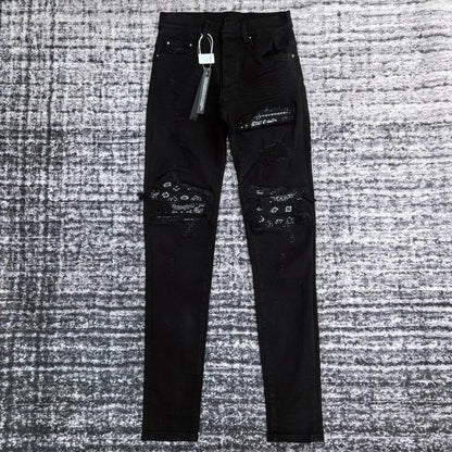 Men's Paisley florals prints leather ribbed patch distressed black jeans