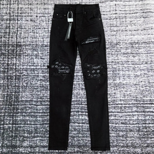 Men's Paisley florals prints leather ribbed patch distressed black jeans