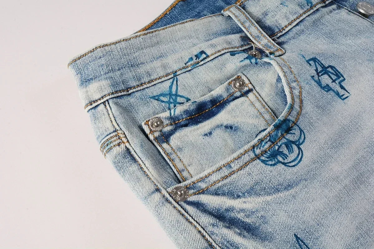 High quality Purples jeans Men High street blue print letters Fashion Repair Low Rise