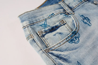 High quality Purples jeans Men High street blue print letters Fashion Repair Low Rise
