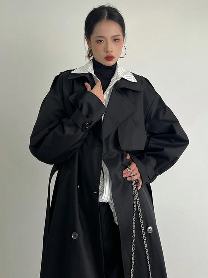 Women's Black Plus Size Long Trench Coat Autumn 2025