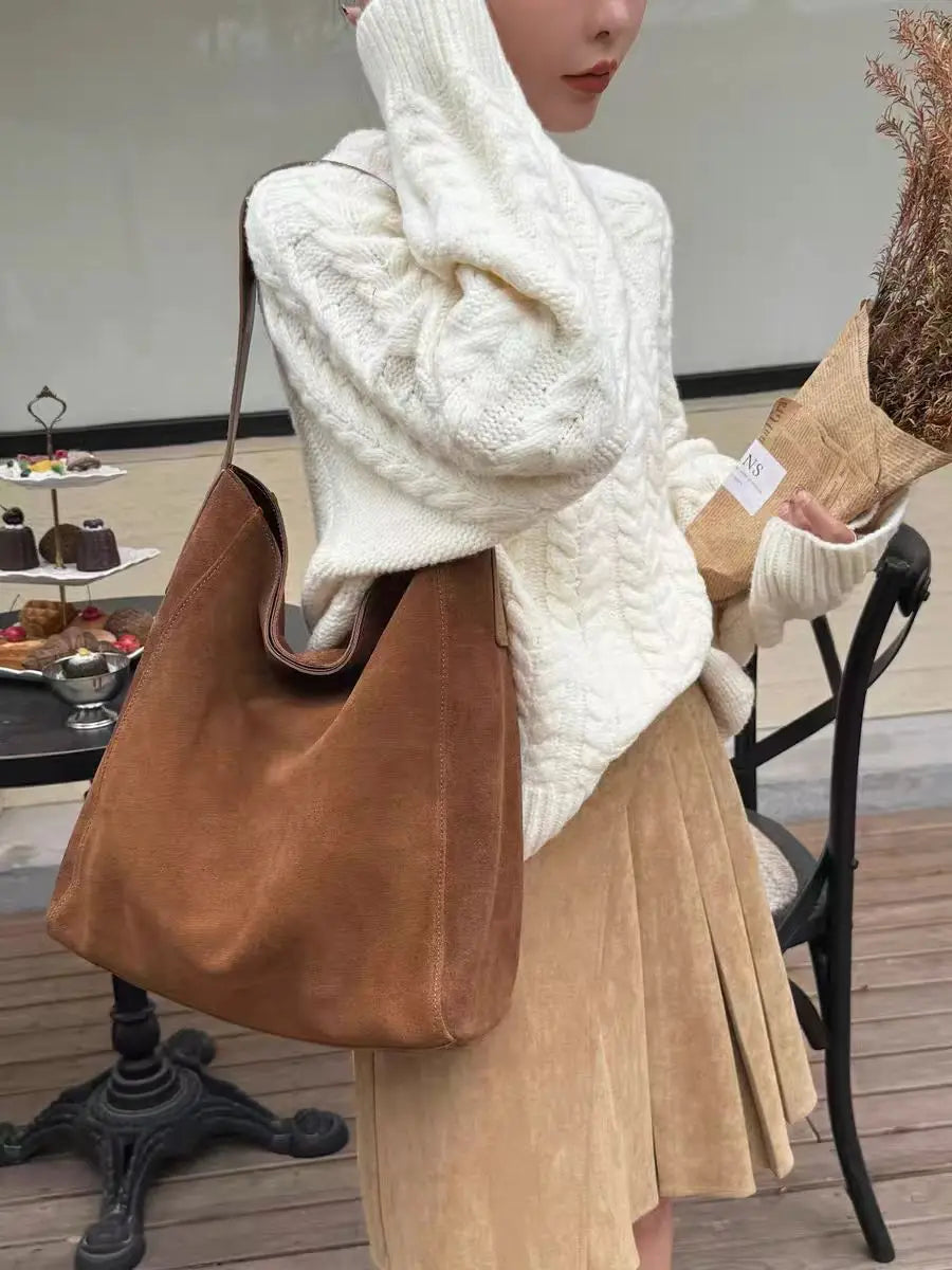 Travel-Ready Elegant Winter Purse Tote High Class Matte Suede Wool Shoulder