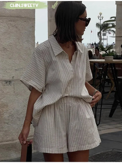 Women's Stripe Print Coordinated Set: Shirt + Lace-Up Shorts