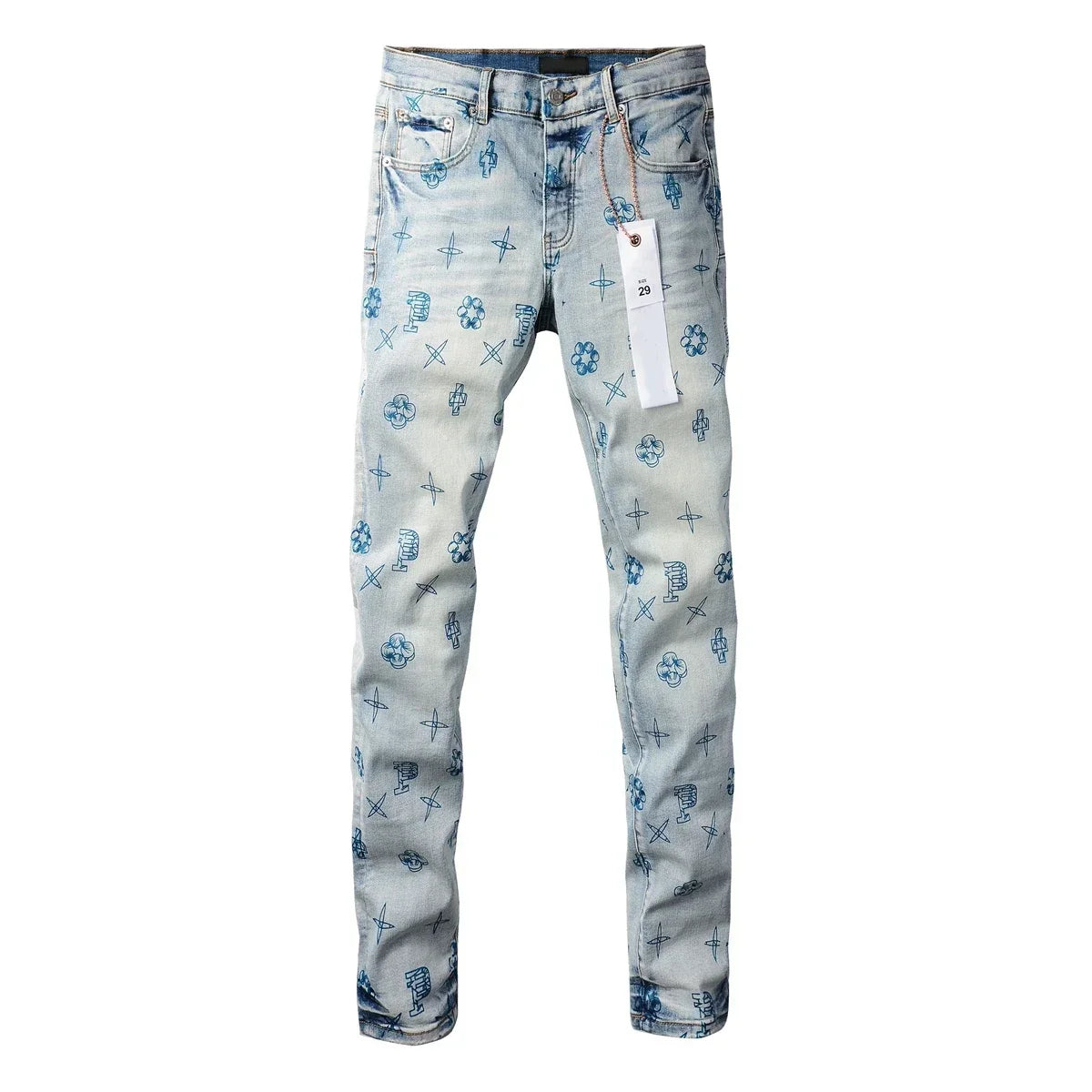High quality Purples jeans Men High street blue print letters Fashion Repair Low Rise