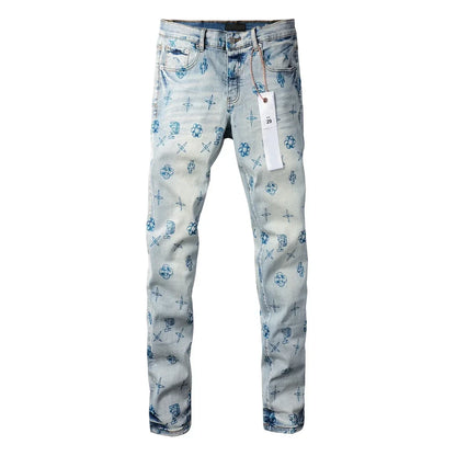 High quality Purples jeans Men High street blue print letters Fashion Repair Low Rise