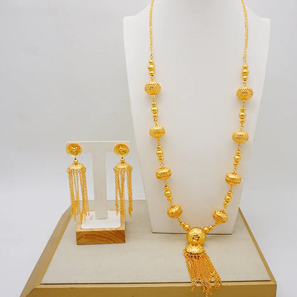 Necklace & Earrings (Tassel Style) for Women, 24K Gold, AU999 Gold-inlaid vine with twisted-leaf tassels, embodying forest grace