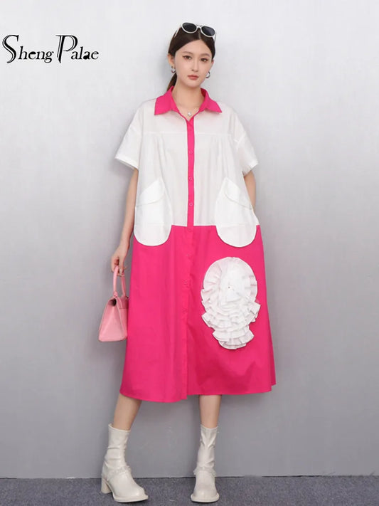 2025 Summer New Turn-down Collar Short Sleeve Single Breasted Dress Women