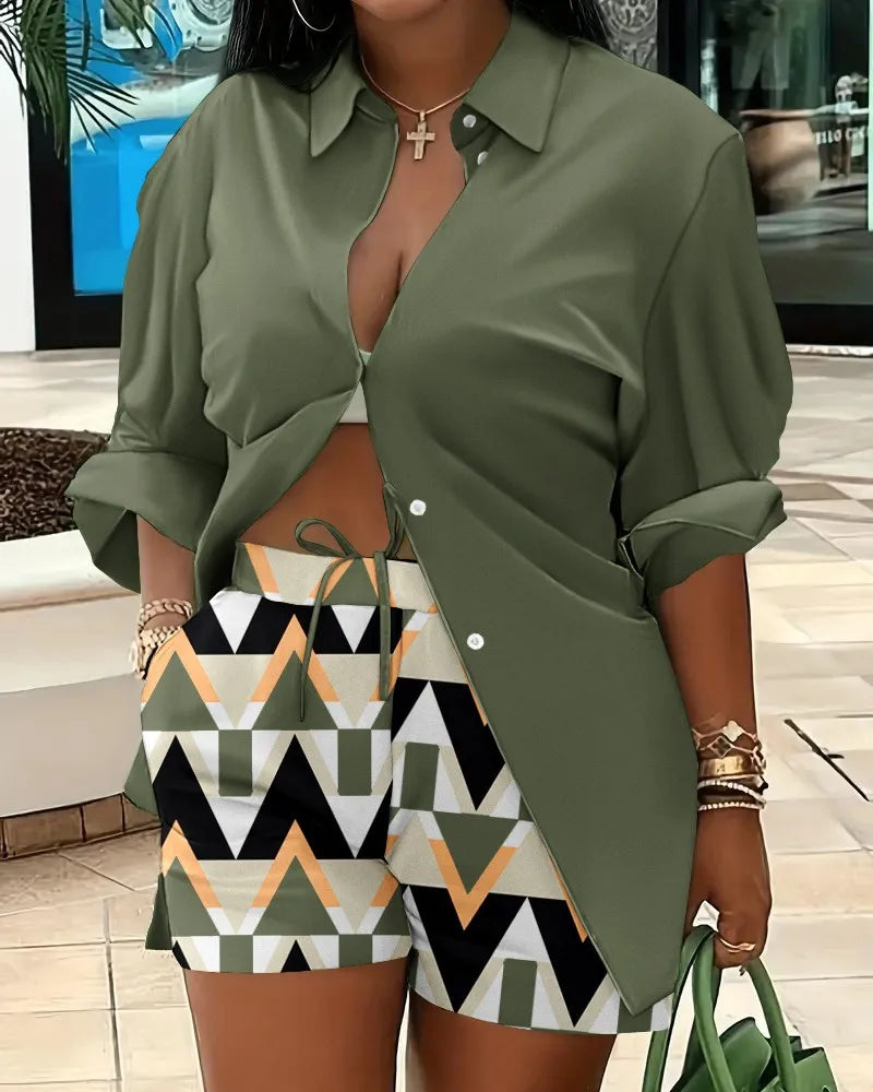 Spring Shirt Two Piece Set For Women Summer Fashion Print Shorts 2 Piece Sets