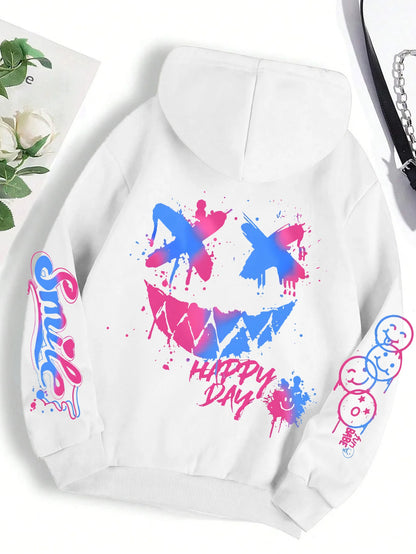 Happy Day Graffiti Print Women Hoodie Oversize Street Hip-Hop Hoody Fashion