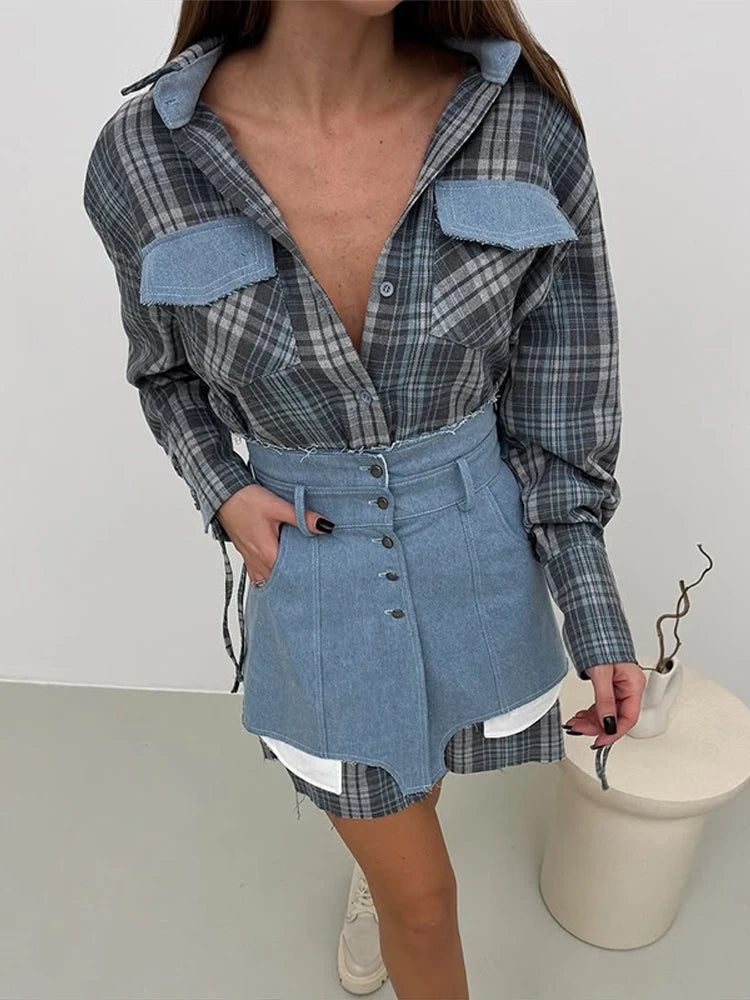 Trendy Women's Shirt with Denim-Like Belted Waist Skirt Set Chic Office Casual Outfit