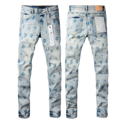High quality Purples jeans Men High street blue print letters Fashion Repair Low Rise