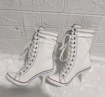 Lace-Up Design Spike Heel Canvas Women’s Fashion Boots