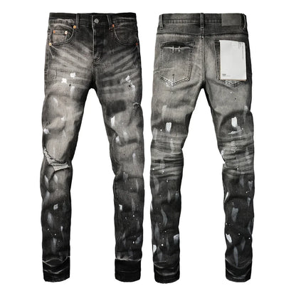 Men's Luxury Distressed Black Streetwear High Stretch Skinny Button Fly Ripped Jean Pants