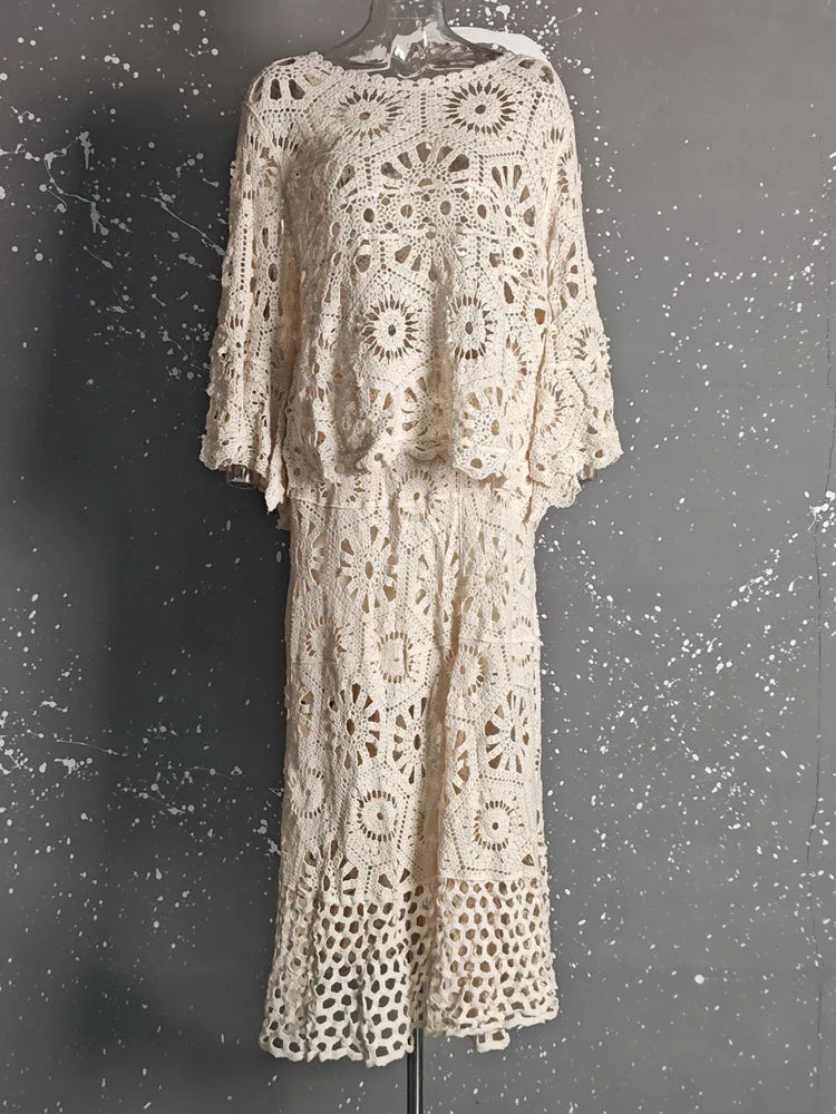 Elegant & Effortless: 2025 Lace Hollow Top and Swing Skirt Set