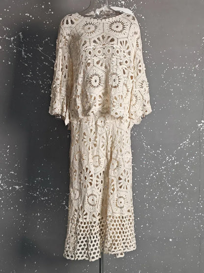Elegant & Effortless: 2025 Lace Hollow Top and Swing Skirt Set