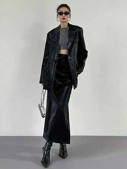 Black Serpentine PU Leather Jacket for Women 2025