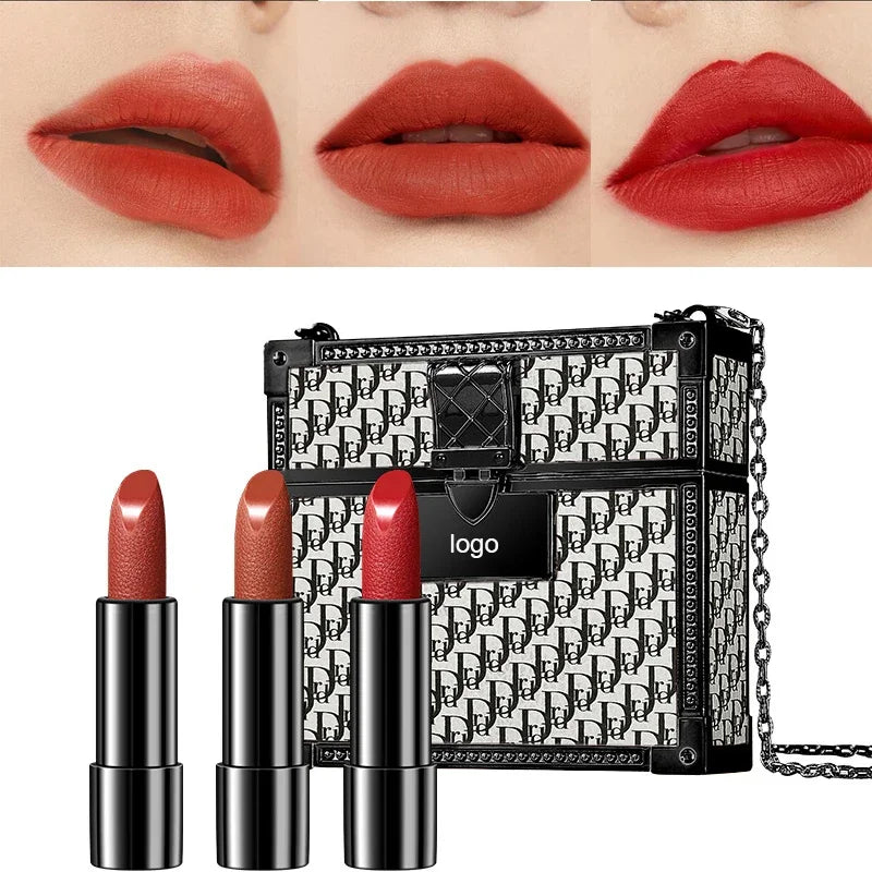 Makeup Korean Matte Lipstick Set Waterproof Long Lasting Leather Bag Velvet Vitamin Lip Gloss Kit Box
