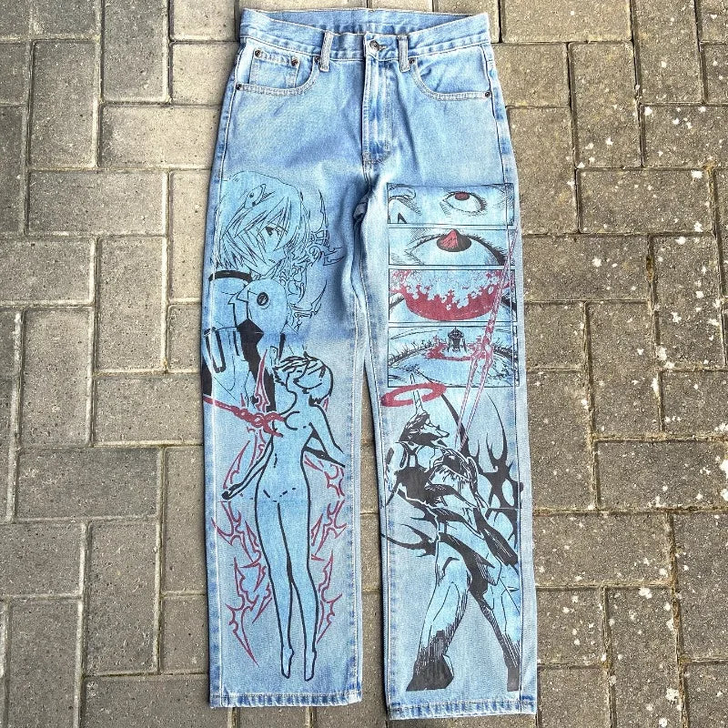 Y2K Anime Baggy Denim Pants Trend Hand Drawn Printed Pattern Unisex Jeans