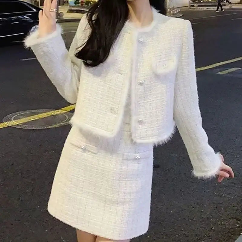2025 Autumn Winter Sweet Elegant Tweed Short Jacket + Skirt Two-piece Set