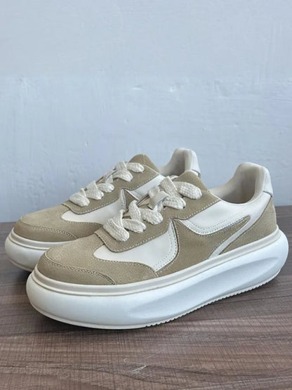 Youth Trend Solid Color Round Toe Platform Unisex Sneakers Handmade Genuine Leather Casual Shoes