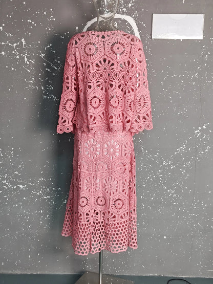 Elegant & Effortless: 2025 Lace Hollow Top and Swing Skirt Set