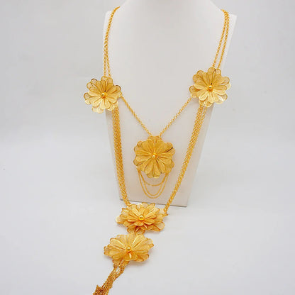 Necklace & Earrings (Tassel Style) for Women, 24K Gold, AU999 Gold-inlaid vine with twisted-leaf tassels, embodying forest grace