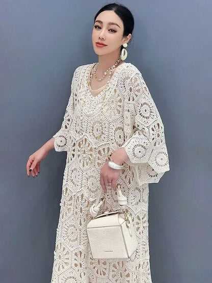 Women's Dress Hooked Flower Hollow Elegant Fashion Loose Beautiful Long Dresses 2025
