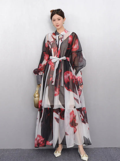 2025 Summer New O Neck Long Sleeve Loose Mid Long Styles Girdling Waist Dress Women
