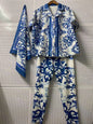 Elegant Retro-printed short-sleeved loose shirt with silk scarf summer new women's Two-Piece Suit