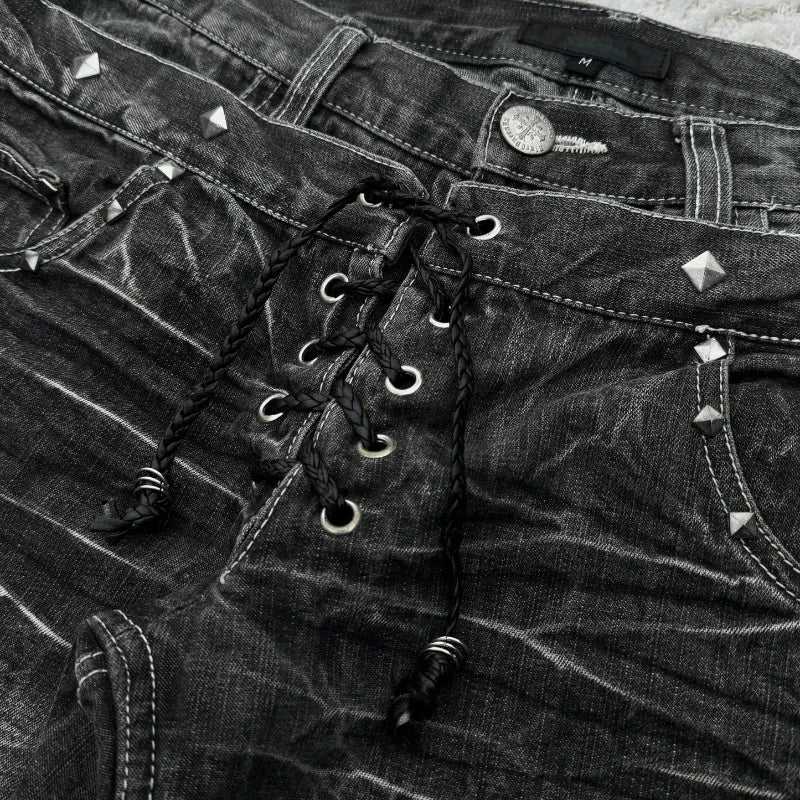 Y2K Washed Jeans Gothic Retro Micro Flared Double Waisted Lace Up Pants Unisex