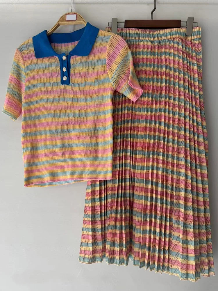 Retro 2025 Women’s Spring/Summer Striped Knit Top & Skirt Set | Vintage Style Outfit