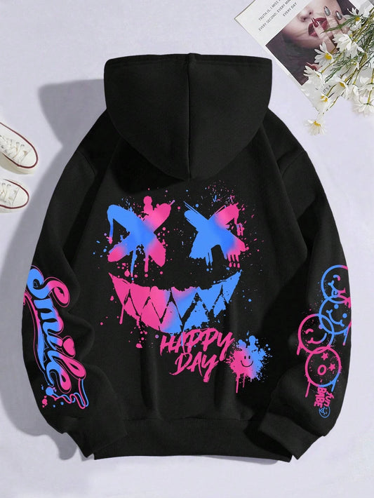 Happy Day Graffiti Print Women Hoodie Oversize Street Hip-Hop Hoody Fashion