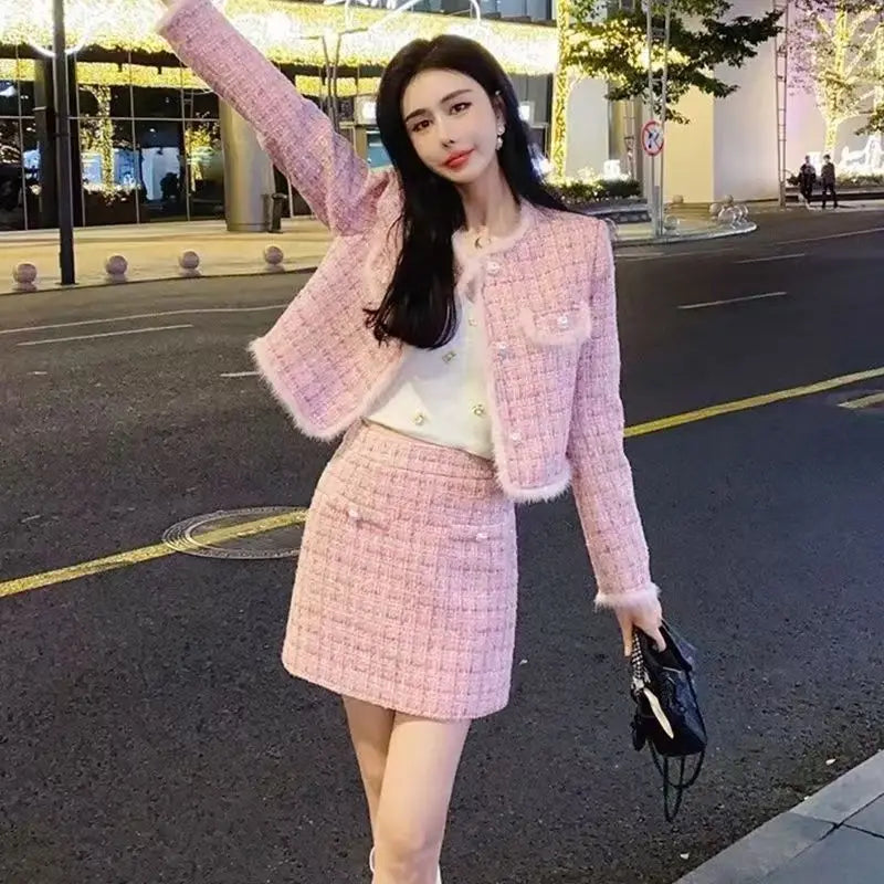 2025 Autumn Winter Sweet Elegant Tweed Short Jacket + Skirt Two-piece Set