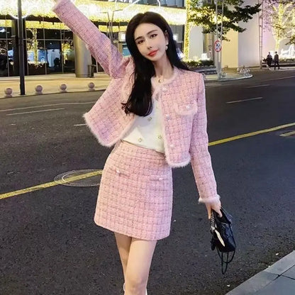 2025 Autumn Winter Sweet Elegant Tweed Short Jacket + Skirt Two-piece Set
