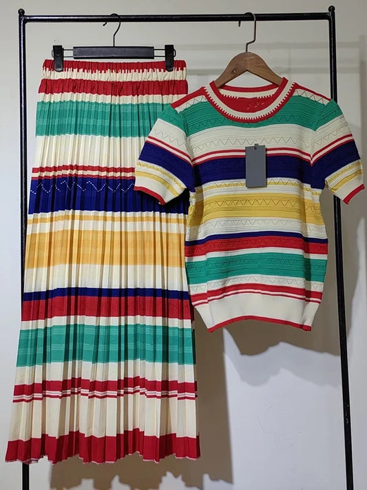 Retro 2025 Women’s Spring/Summer Striped Knit Top & Skirt Set | Vintage Style Outfit