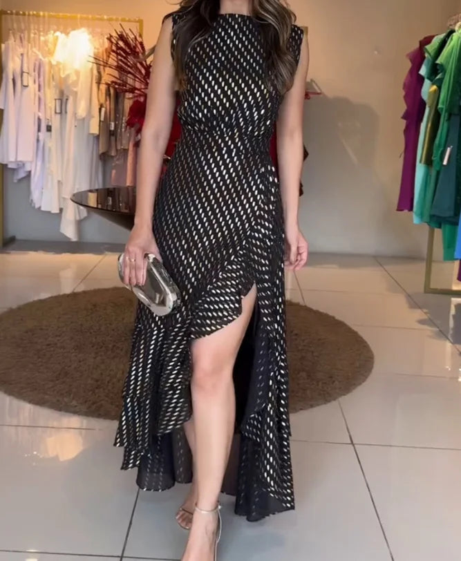Women's Elegant Black & Gold Midi Dress  Sleeveless Tiered Ruffle Dress