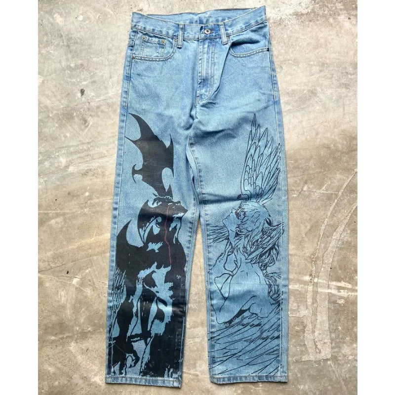 Y2K Anime Baggy Denim Pants Trend Hand Drawn Printed Pattern Unisex Jeans