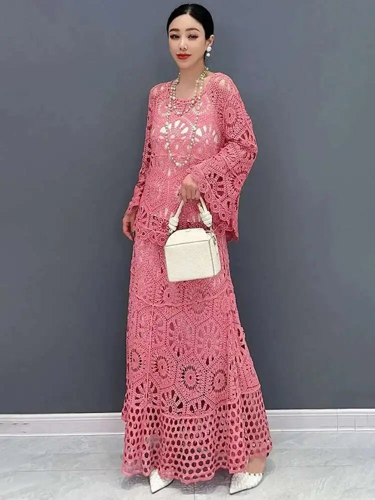 Elegant & Effortless: 2025 Lace Hollow Top and Swing Skirt Set