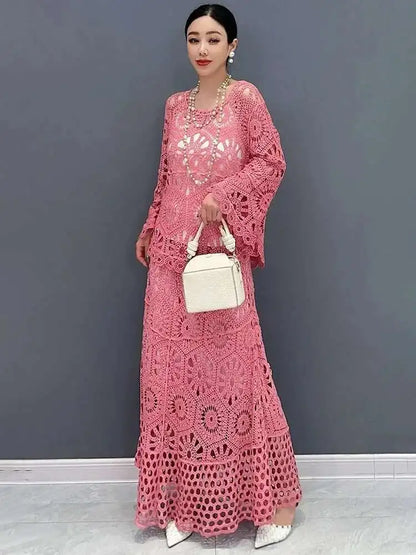 Elegant & Effortless: 2025 Lace Hollow Top and Swing Skirt Set