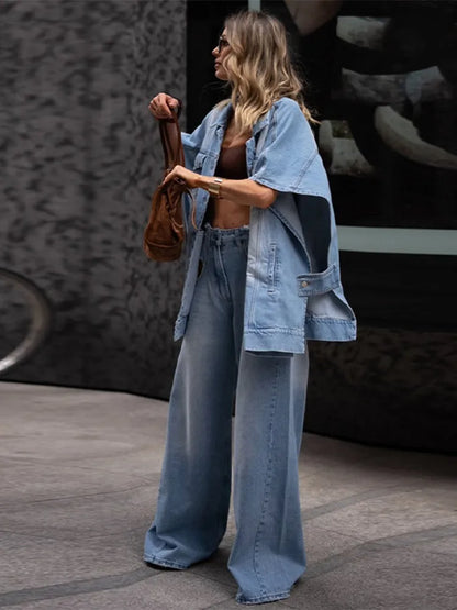 Women's Oversized Denim Two Piece Set Trendy Loose Fit Jacket Matching Wide Leg Jeans Chic Outfits