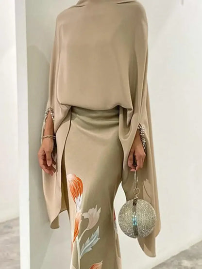 Elegant Skirt Suits 2025 New Women Two Piece Set Solid Color High Neck Tops & Floral Print Skirts